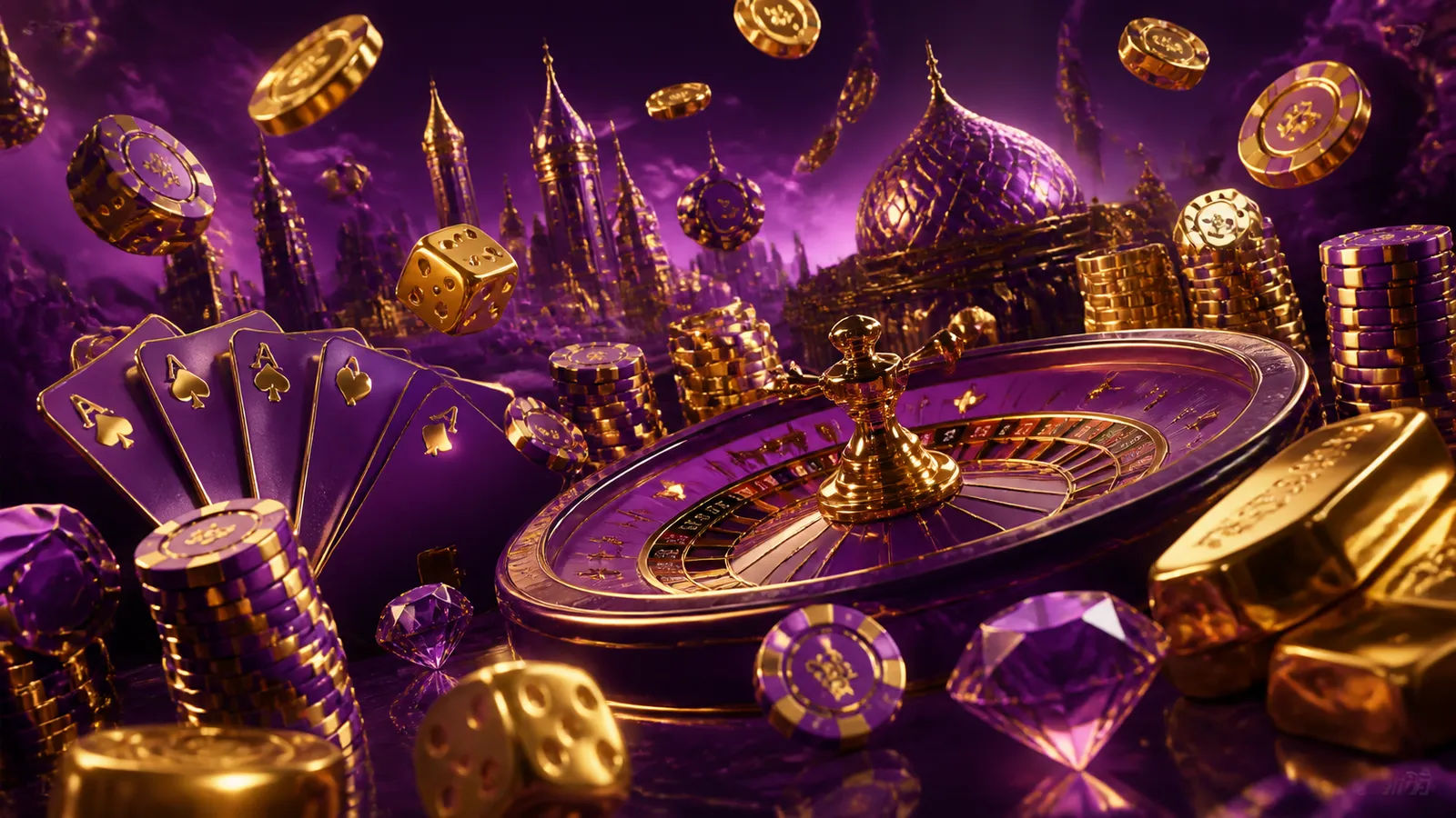High-end casino banner featuring a roulette wheel with neon accents and floating poker chips in a futuristic style.